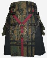 Black Canvas Digital Camouflage Design Kilt With Chains -  