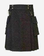 Black Denim Utility Kilt With Detectable Pockets -  