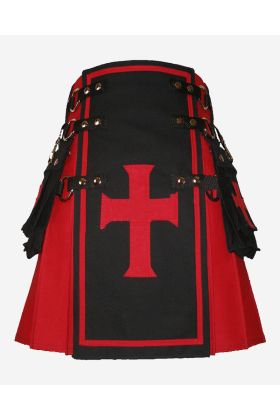 Kilt Rot Schwarz Vorne Rotes Kreuzritterkreuz und Kiltketten - Schottisher Kilt