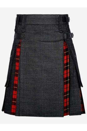 Modischer schwarzer Denim-Kilt mit klassischem Wallace-Tartan - Schottisher Kilt